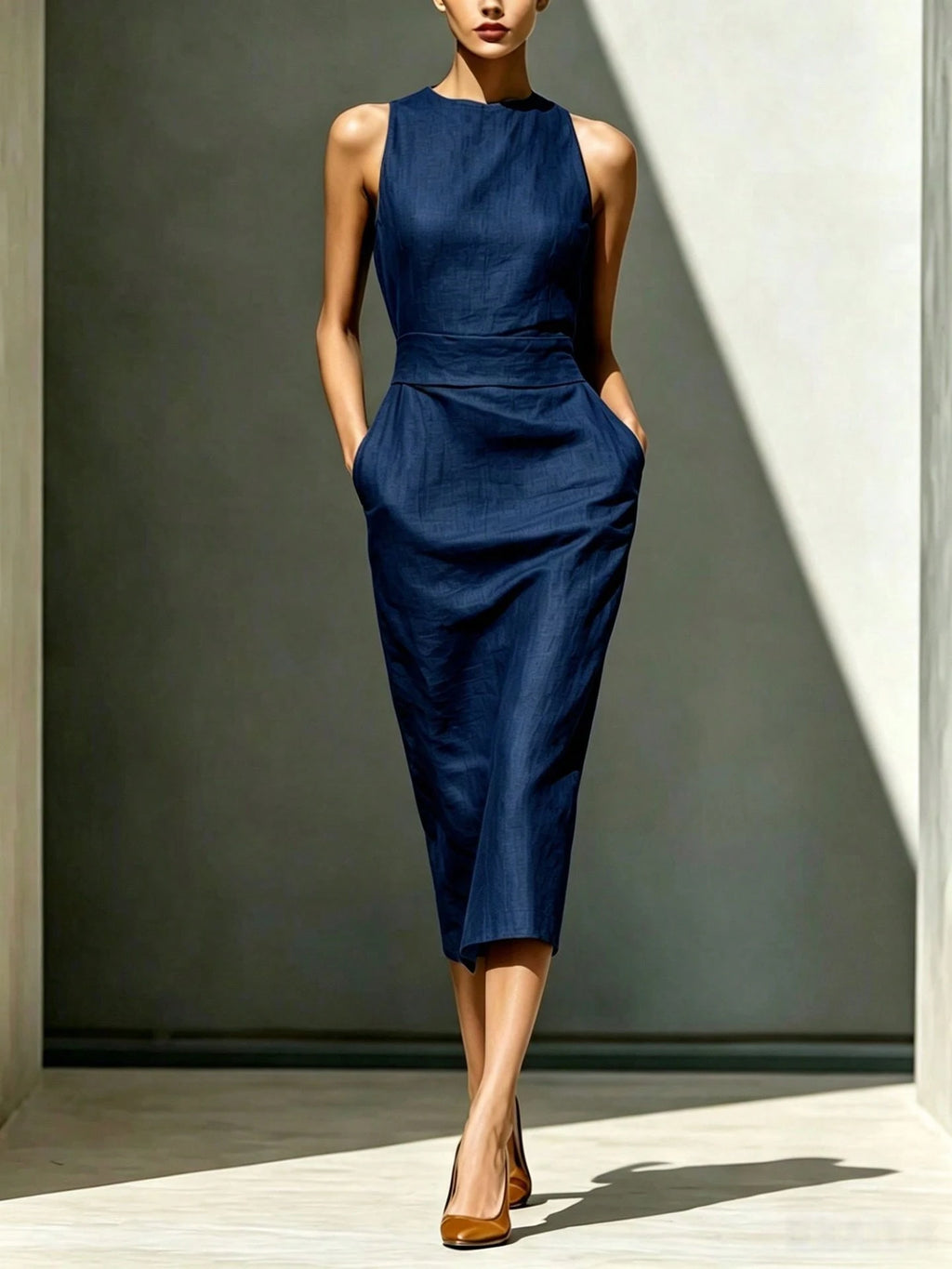 Solid Linen Pocket Midi Dress, Elegant Minimalist Style, Natural Textured Linen Material, Halter Round Neck - image 5