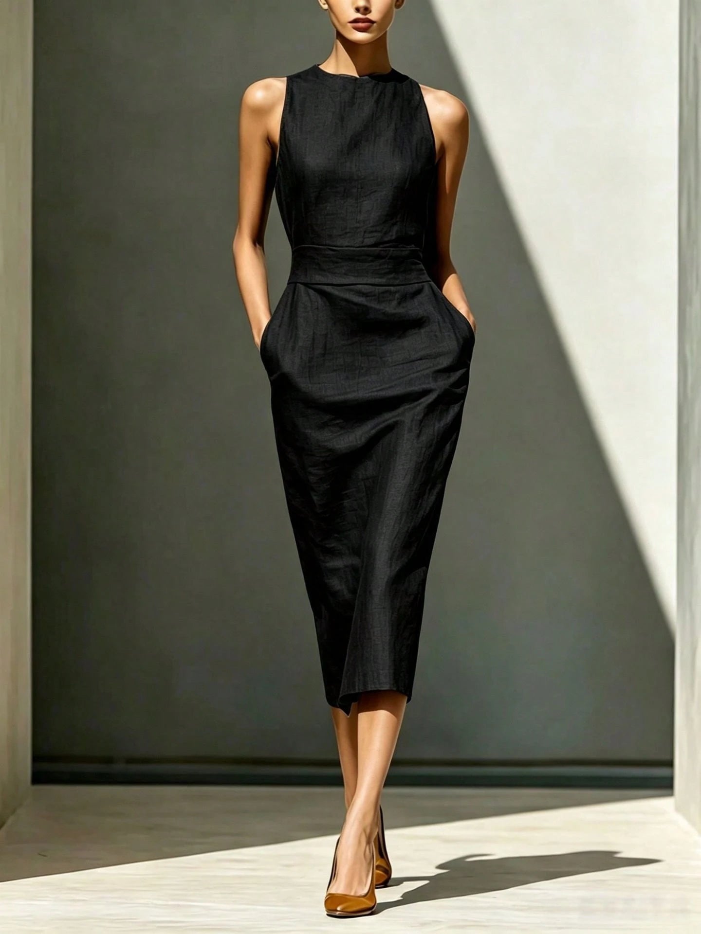 Solid Linen Pocket Midi Dress, Elegant Minimalist Style, Natural Textured Linen Material, Halter Round Neck - image 9