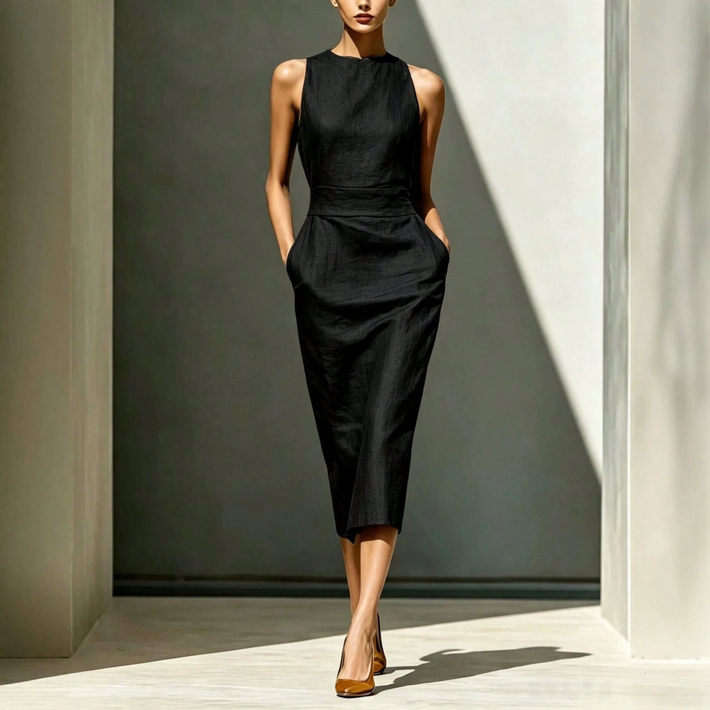 Solid Linen Pocket Midi Dress, Elegant Minimalist Style, Natural Textured Linen Material, Halter Round Neck - image 10