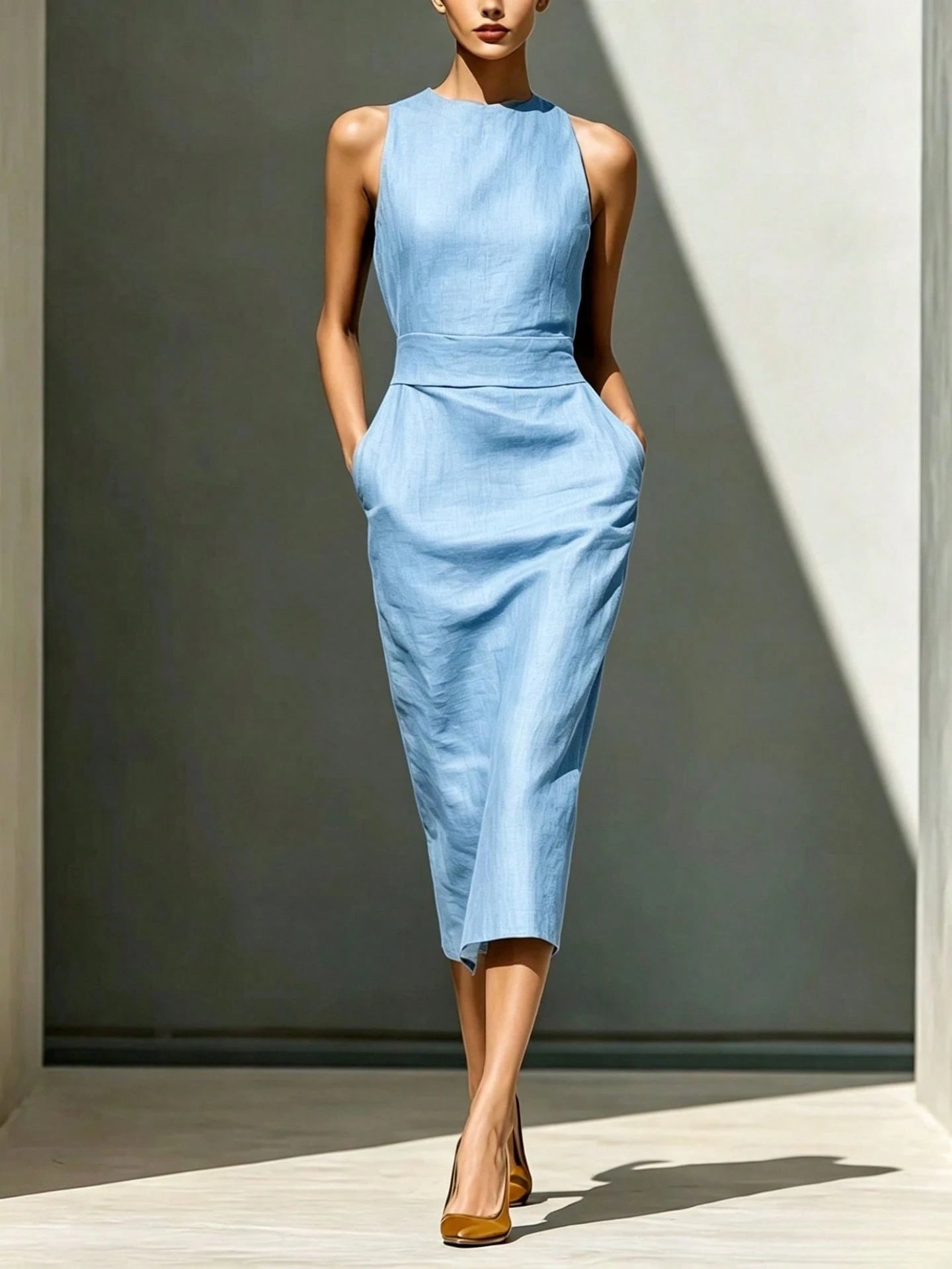 Solid Linen Pocket Midi Dress, Elegant Minimalist Style, Natural Textured Linen Material, Halter Round Neck - image 14