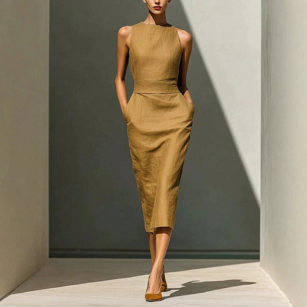 Solid Linen Pocket Midi Dress, Elegant Minimalist Style, Natural Textured Linen Material, Halter Round Neck - image 2