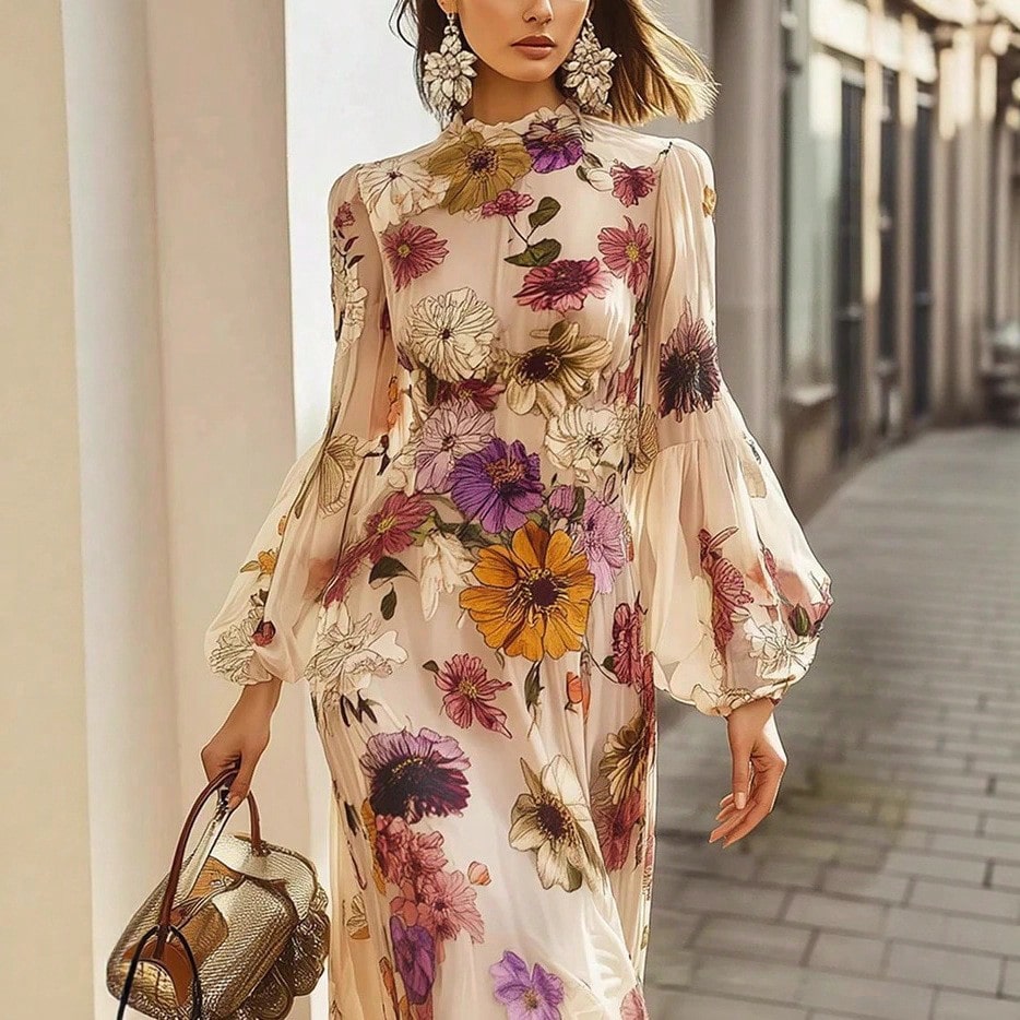 Women High Neck Watercolor Floral Maxi Dress, Elastic Cuff Loose A