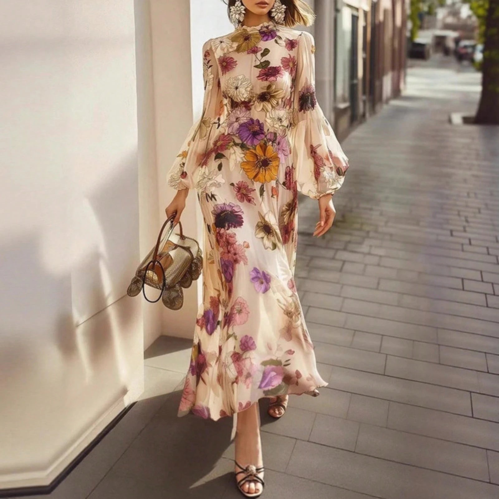 Women High Neck Watercolor Floral Maxi Dress, Elastic Cuff Loose A