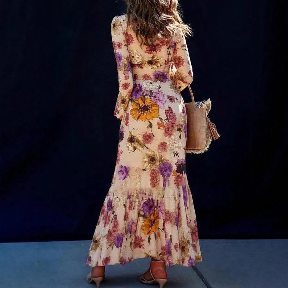 Women High Neck Watercolor Floral Maxi Dress, Elastic Cuff Loose A