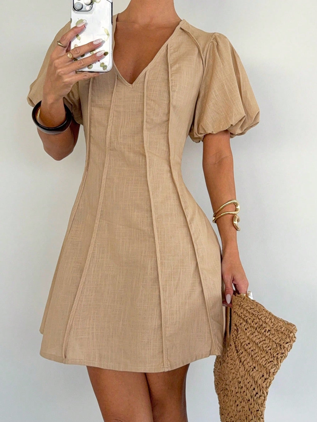 Siren Gaze Women's Solid Color V-Neck Short Puff Sleeve Toothpick