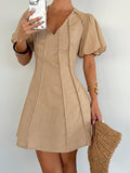 Siren Gaze Women's Solid Color V-Neck Short Puff Sleeve Toothpick