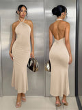 Glamine Women's White Floral Halterneck Back-Twist Backless Slim Fit Bodycon Maxi Dress,Elegant Seductive
