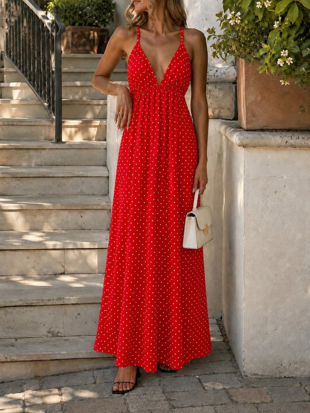Cévolie Petite Women's Vacation Polka Dot Print Casual Camisole Dress