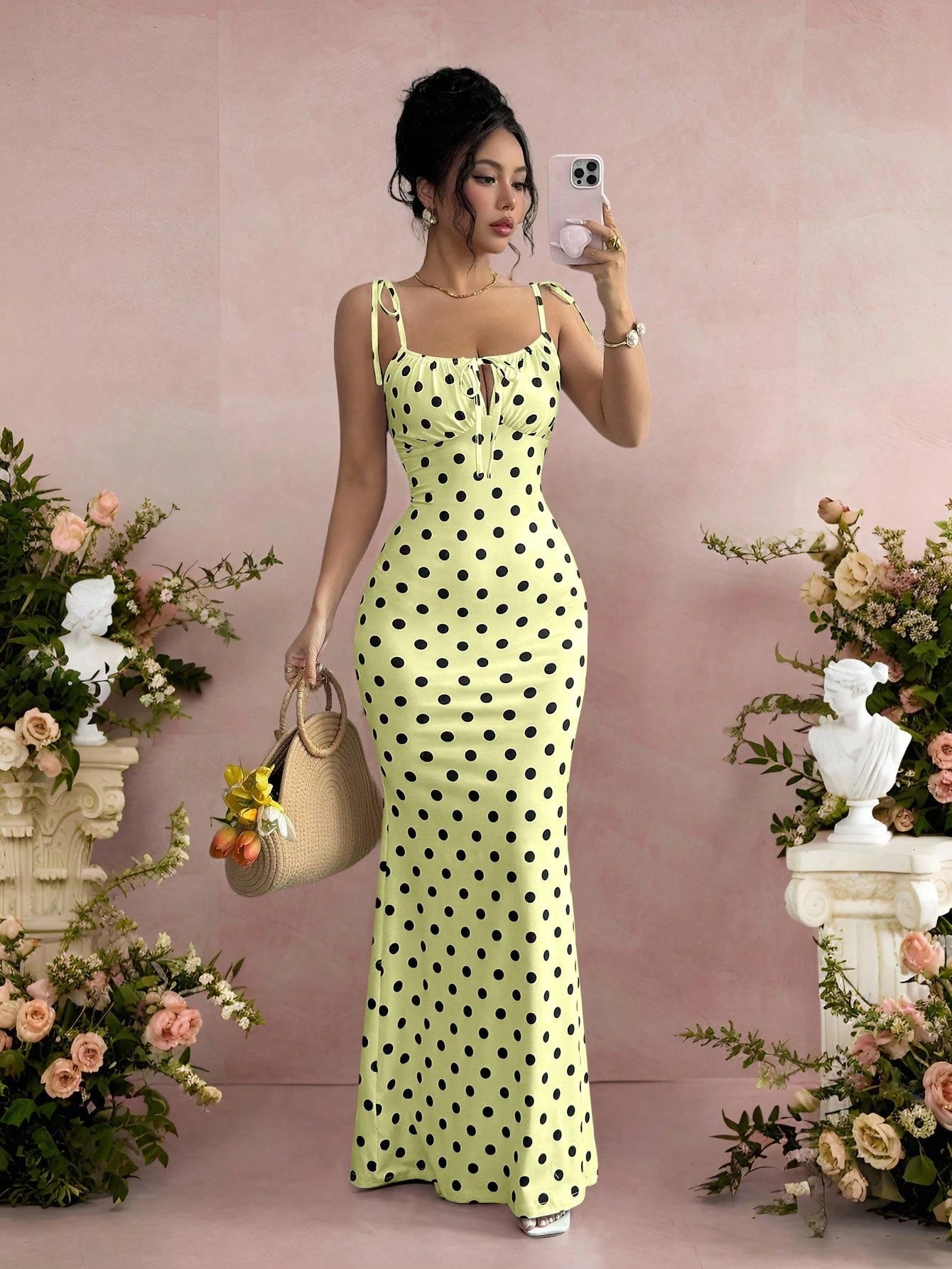 Rafferiza Women's Contrast Color Polka Dot Print Spaghetti Strap Dress