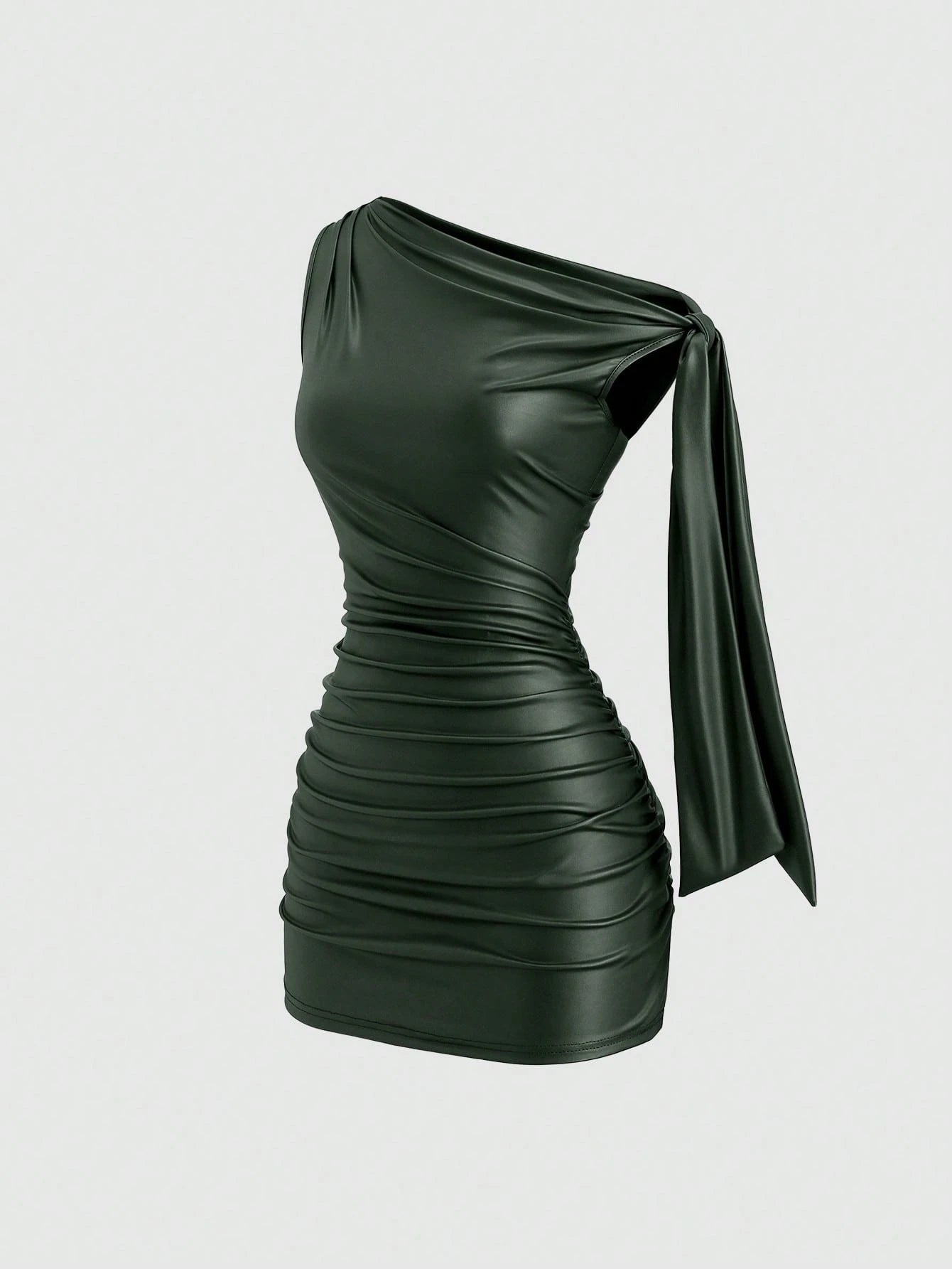 Sweetra Wine Red Black Coated Elastic Asymmetric Neck Ruched Slim Fit Mini Dress,Side - image 11