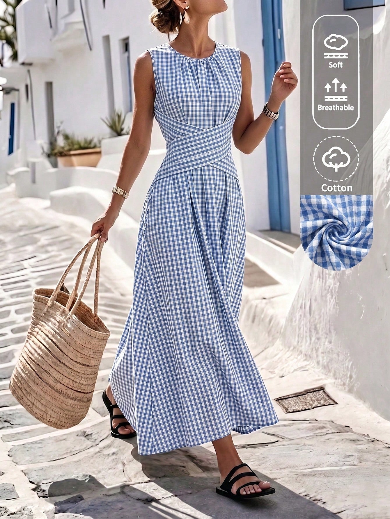 Louniche Women's Summer Blue And White Striped Fabric Round Neck
