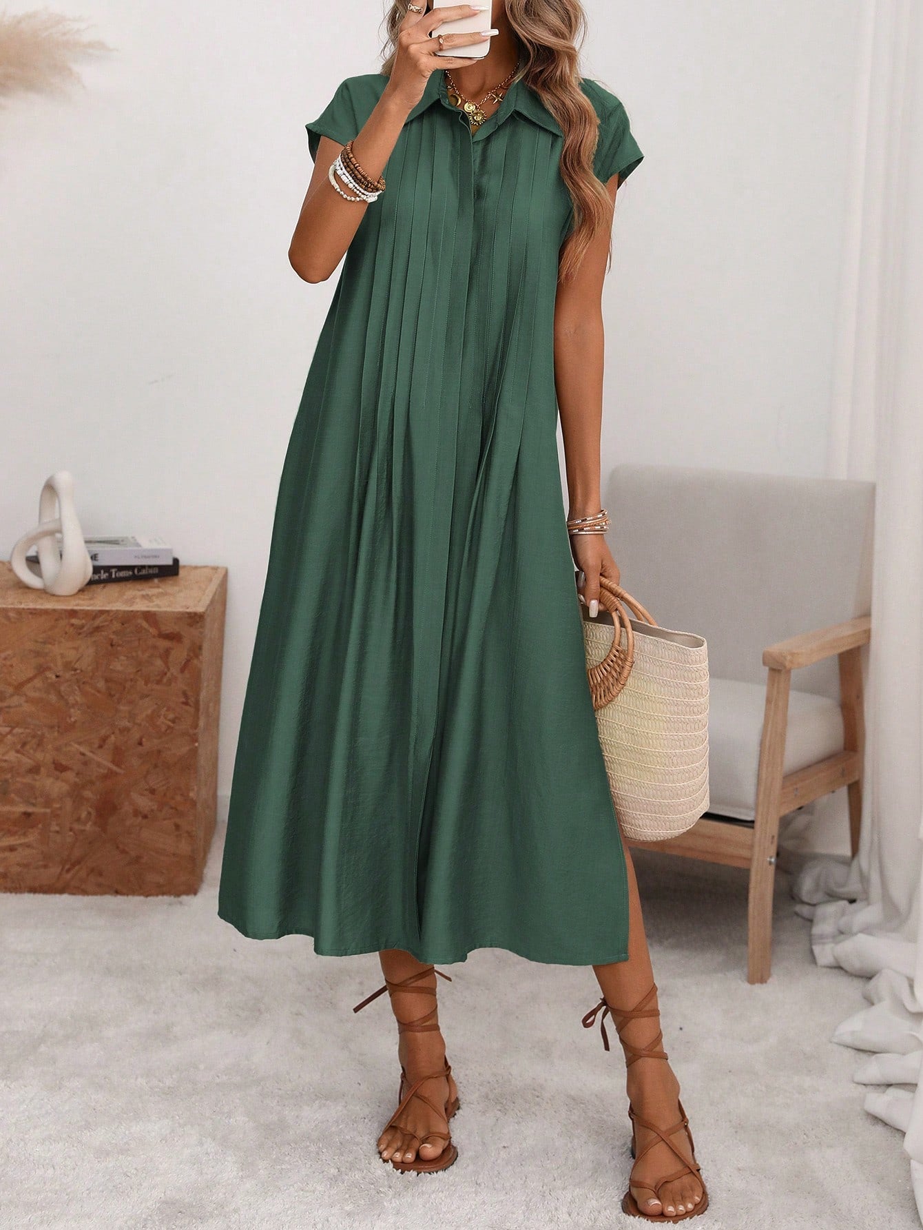 Florisole Women's Shirt Collar Button Down Loose Midi Dress,Sage