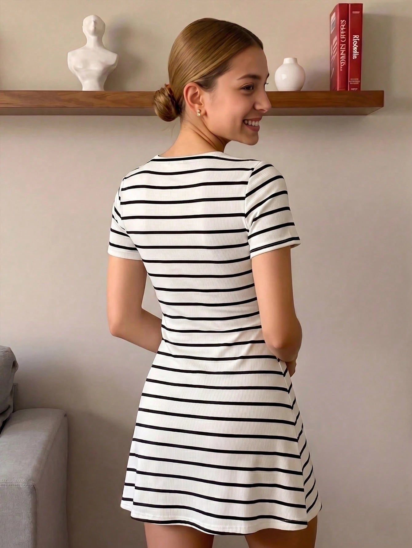 INAWLY French Knit V-Neck Waist-Defining A-Line Dress