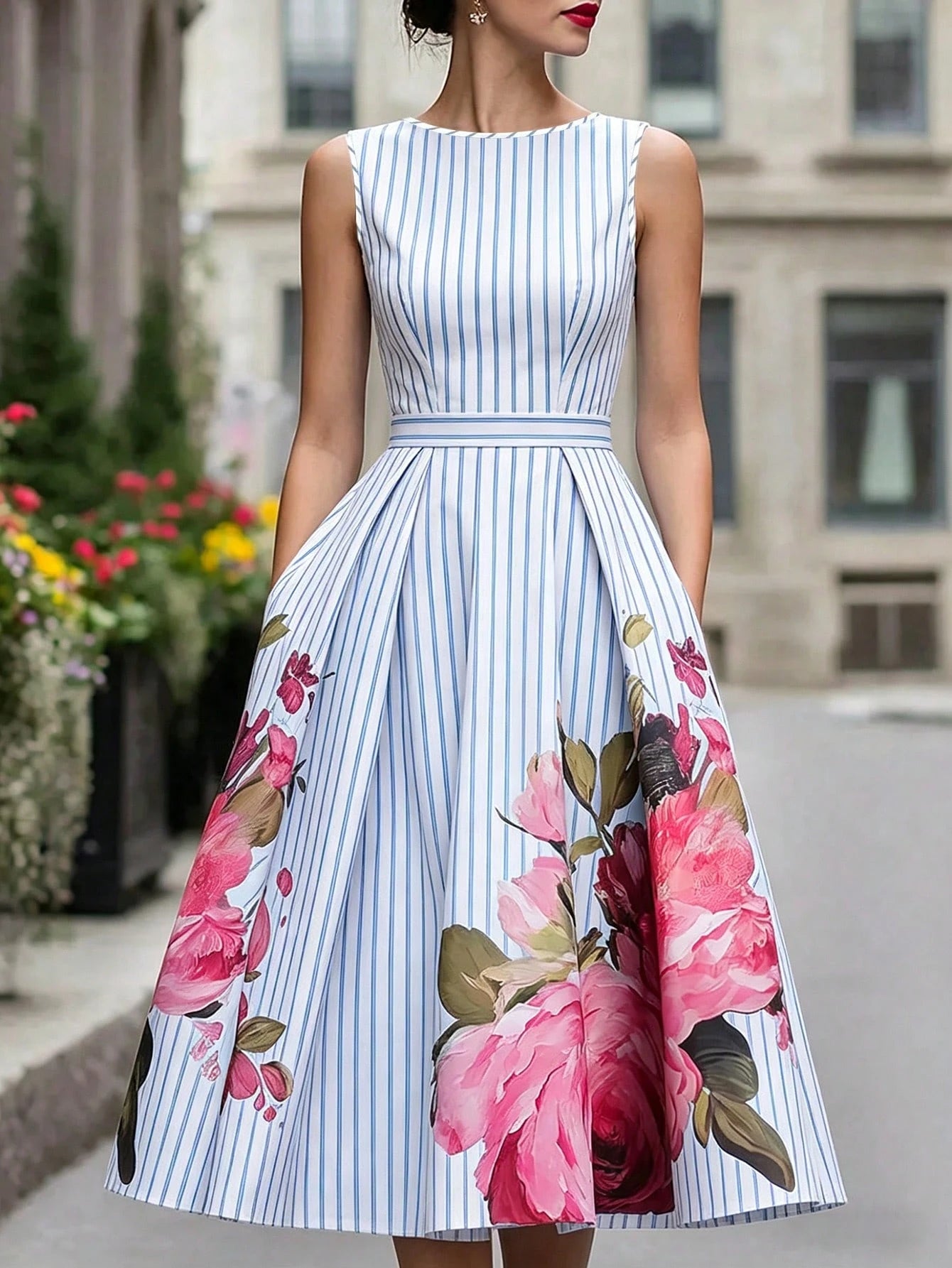 Summer, Elegant Dress, Printed Round Neck Sleeveless Dress, Blue And