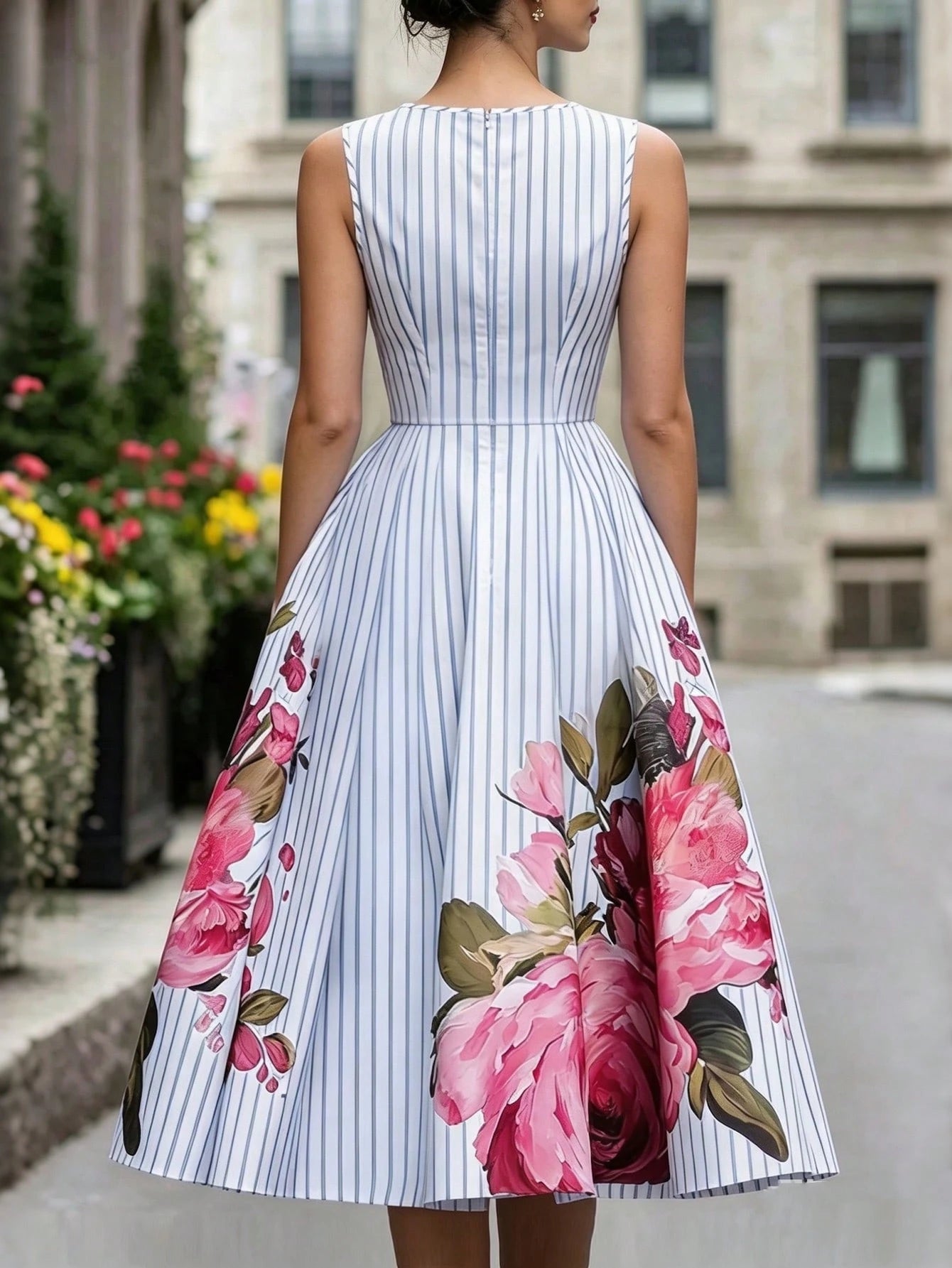 Summer, Elegant Dress, Printed Round Neck Sleeveless Dress, Blue And