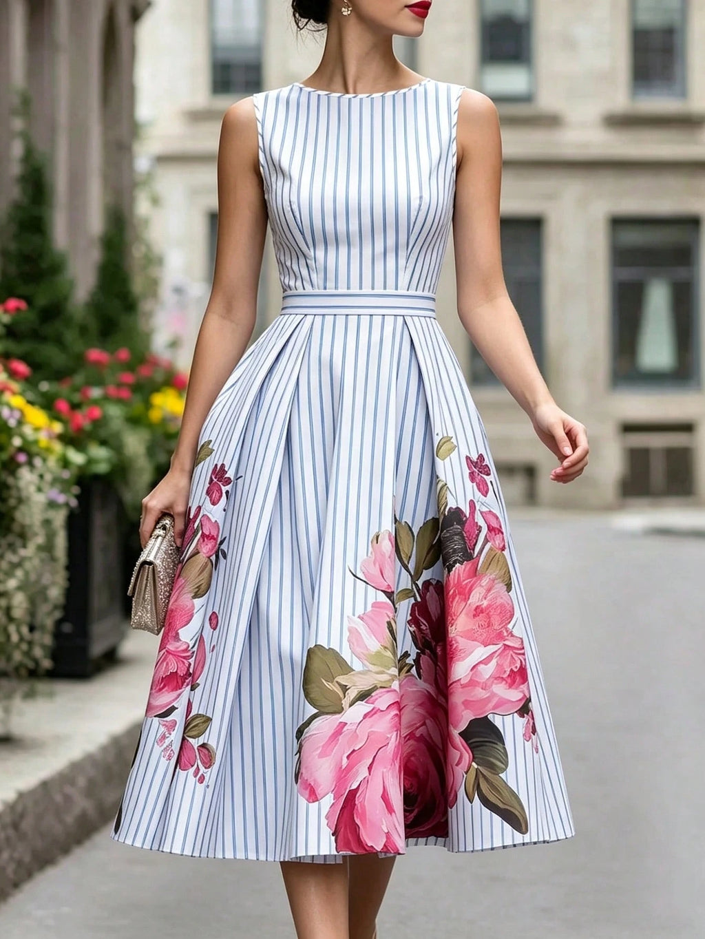 Summer, Elegant Dress, Printed Round Neck Sleeveless Dress, Blue And