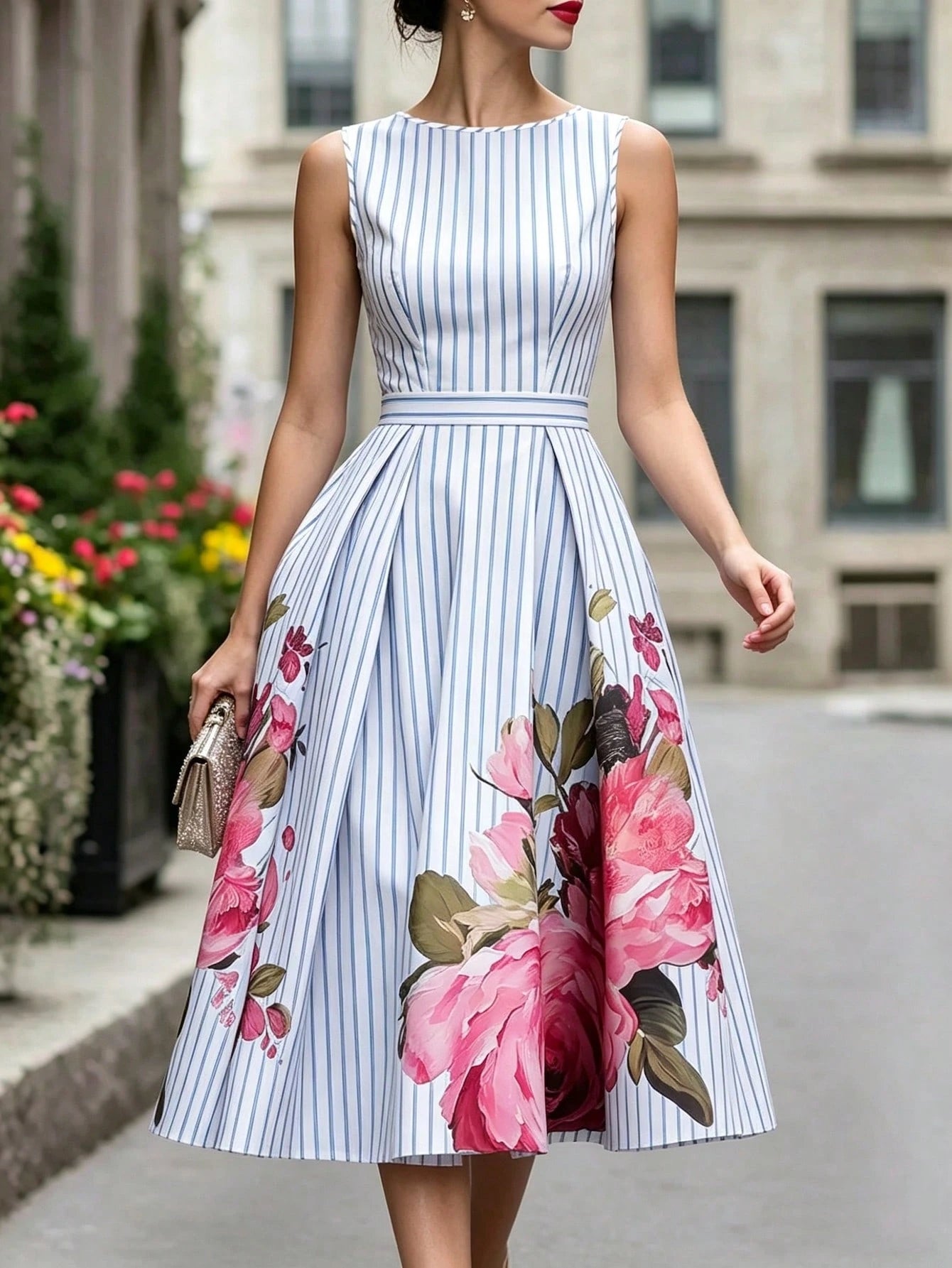 Summer, Elegant Dress, Printed Round Neck Sleeveless Dress, Blue And White Striped Dress, Waist-Cinching - image 3