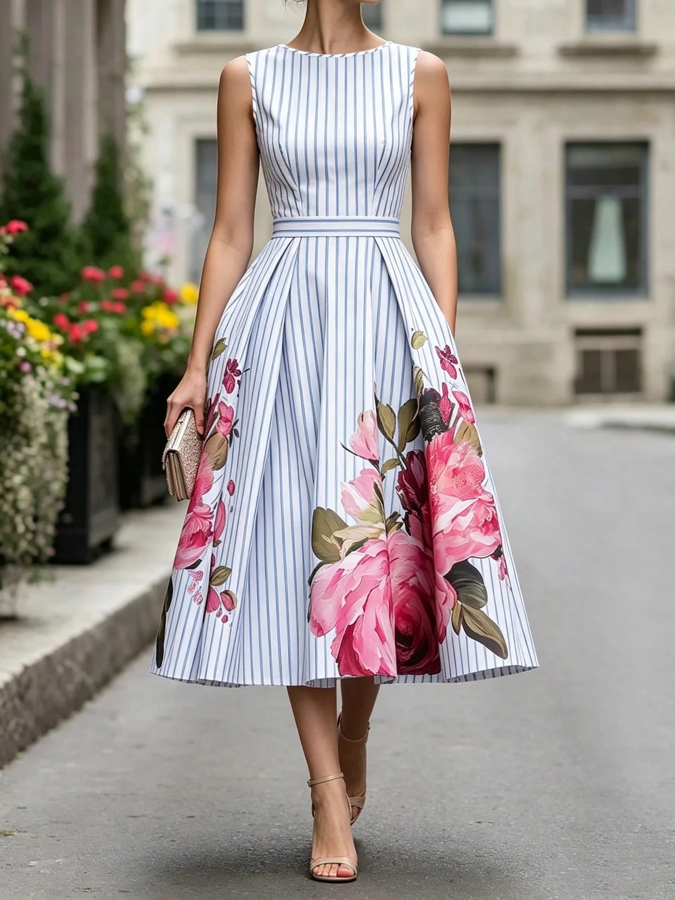 Summer, Elegant Dress, Printed Round Neck Sleeveless Dress, Blue And
