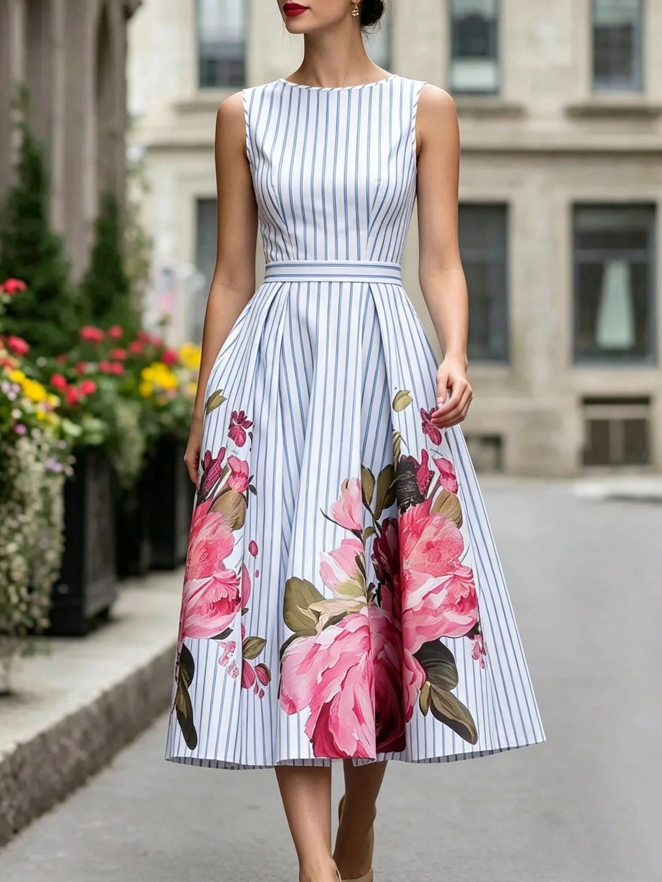 Summer, Elegant Dress, Printed Round Neck Sleeveless Dress, Blue And White Striped Dress, Waist-Cinching - image 5