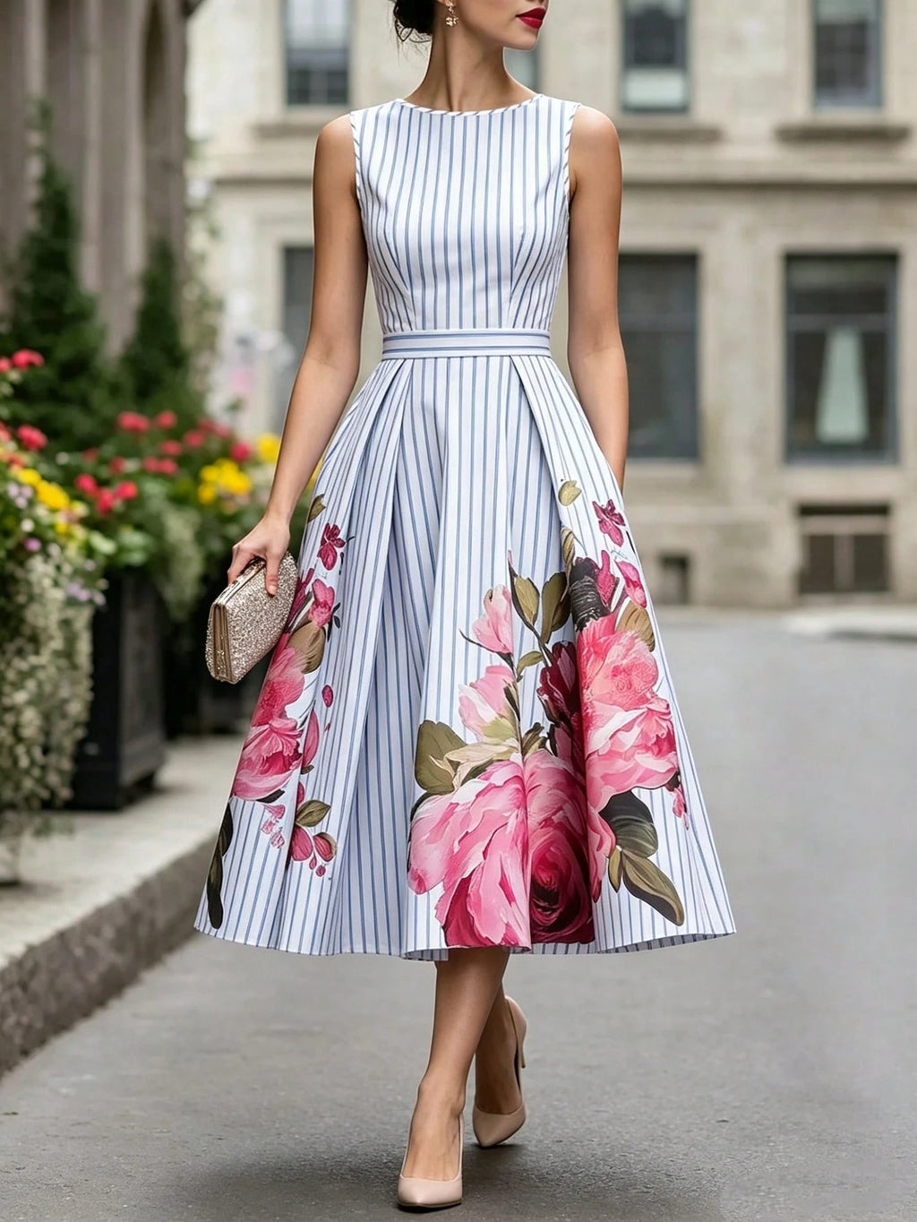 Summer, Elegant Dress, Printed Round Neck Sleeveless Dress, Blue And