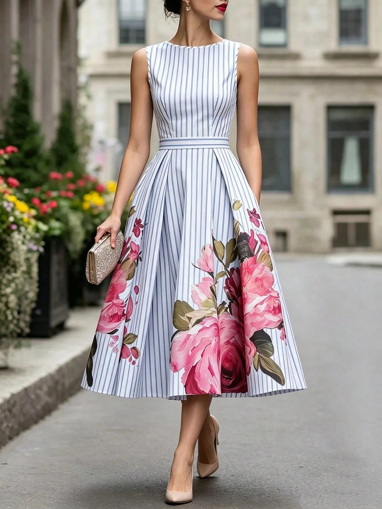 Summer, Elegant Dress, Printed Round Neck Sleeveless Dress, Blue And