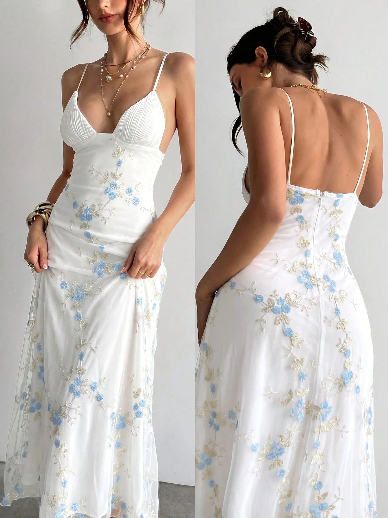 Aloruh Women's Elegant Deep V-Neck Ruched Bustier Embroidered Fitted