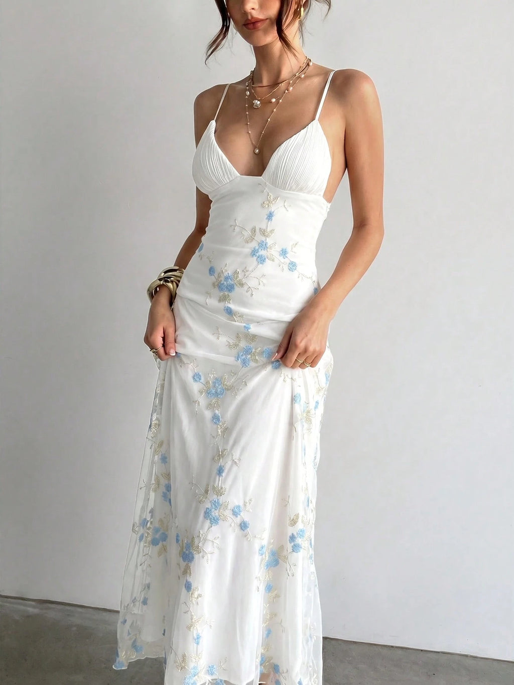 Aloruh Women's Elegant Deep V-Neck Ruched Bustier Embroidered Fitted