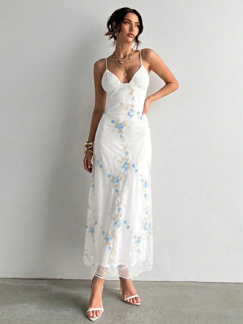 Aloruh Women's Elegant Deep V-Neck Ruched Bustier Embroidered Fitted