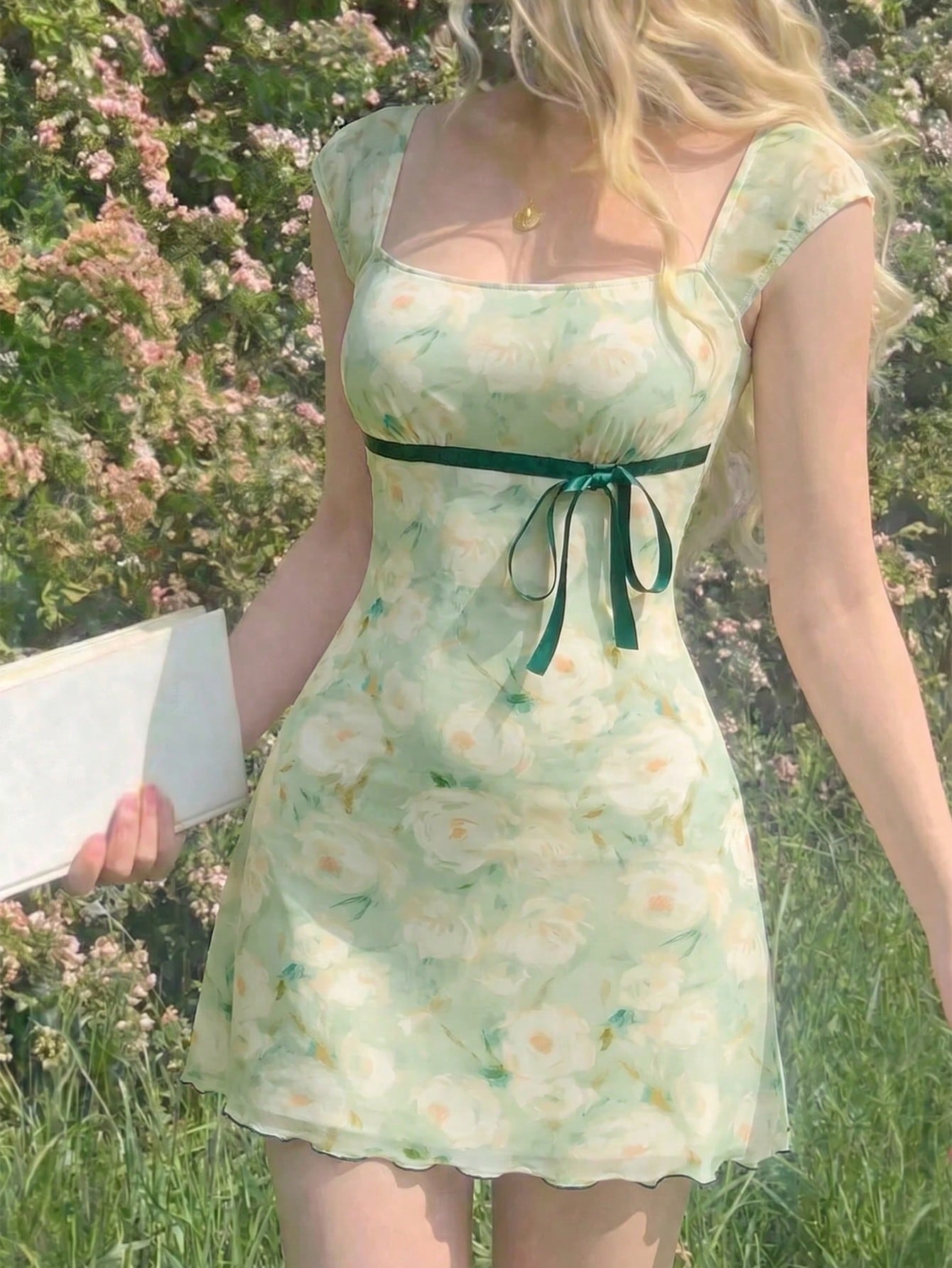 MOD Bowknot Pleated Mesh Abstract Floral Dress, Back To School,