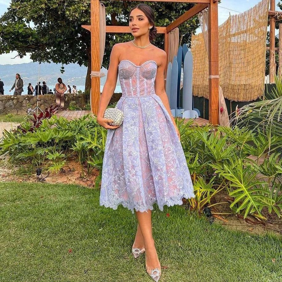 Women's Strapless Lace Corset Midi Dress, Elegant Sweetheart Neckline