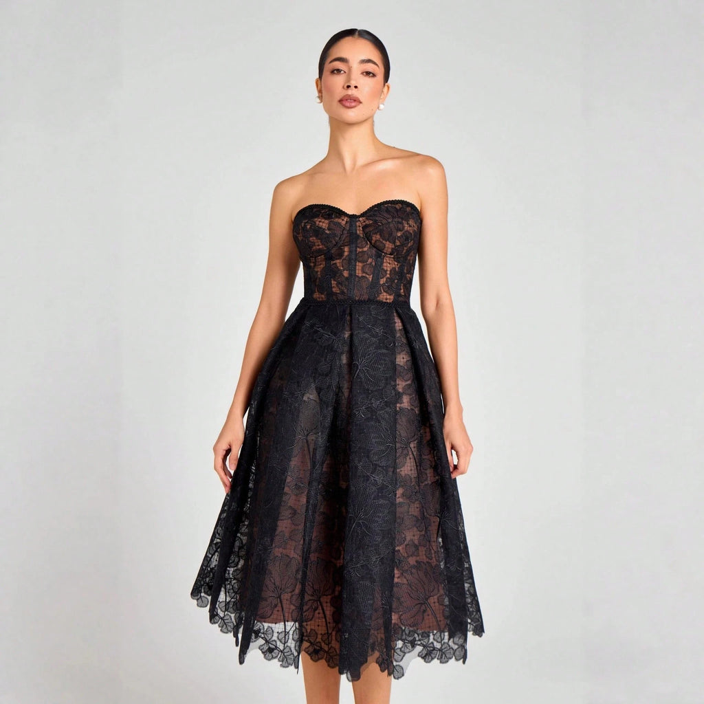 Women's Strapless Lace Corset Midi Dress, Elegant Sweetheart Neckline