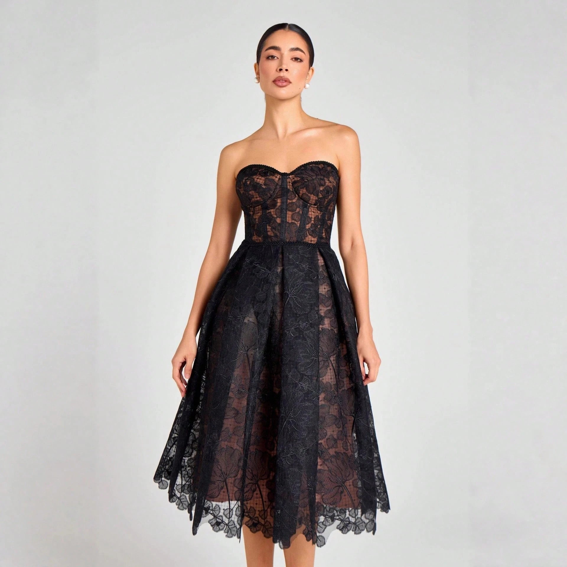 Women's Strapless Lace Corset Midi Dress, Elegant Sweetheart Neckline