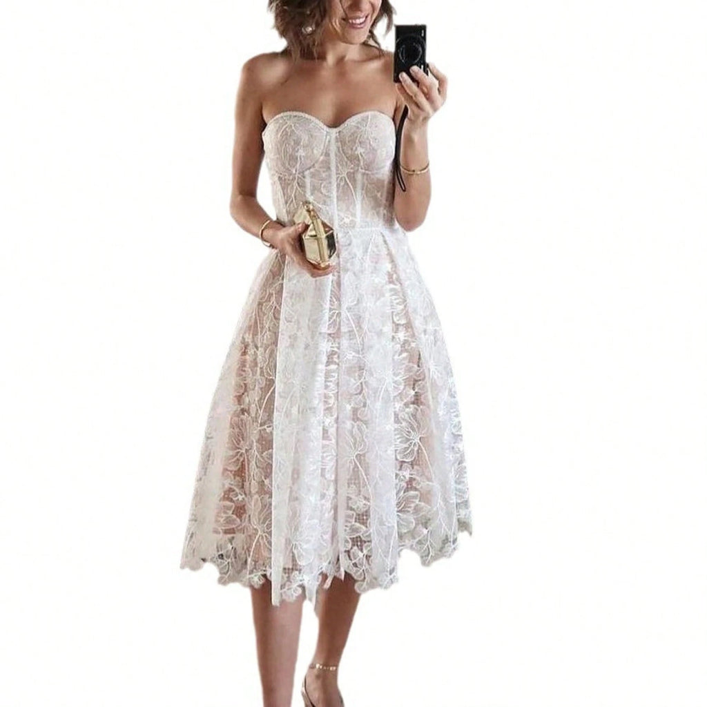 Women's Strapless Lace Corset Midi Dress, Elegant Sweetheart Neckline