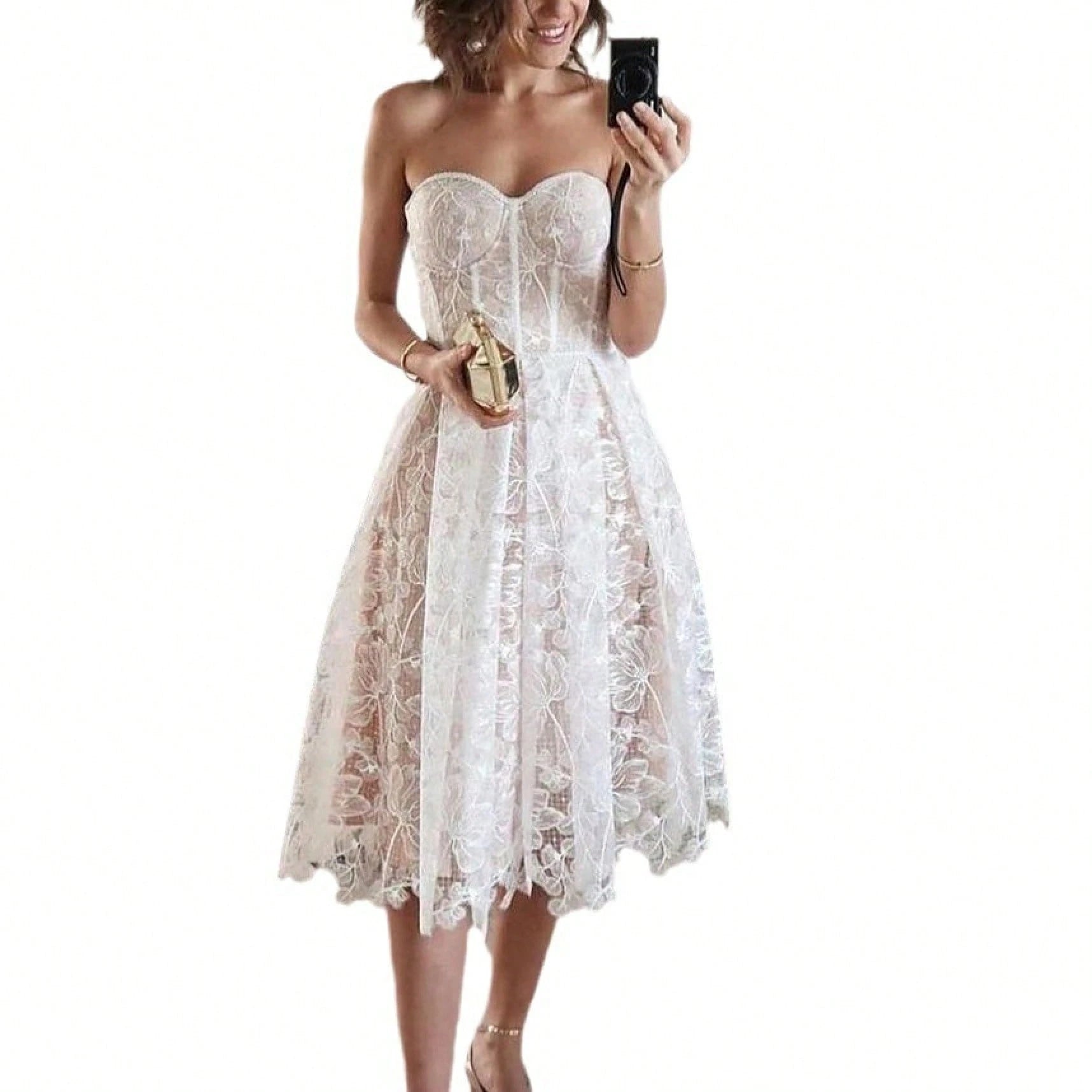 Women's Strapless Lace Corset Midi Dress, Elegant Sweetheart Neckline