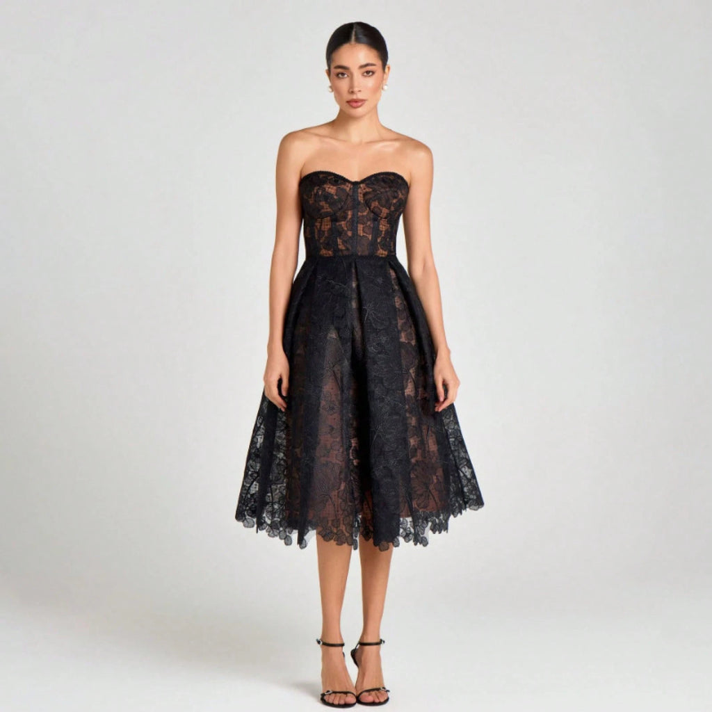 Women's Strapless Lace Corset Midi Dress, Elegant Sweetheart Neckline