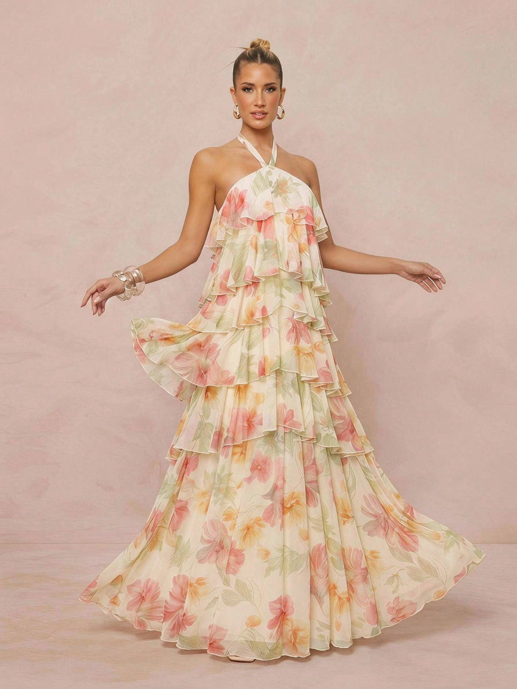 Lumalex Summer Floral Print Strapless Spaghetti Strap Multi-Layer