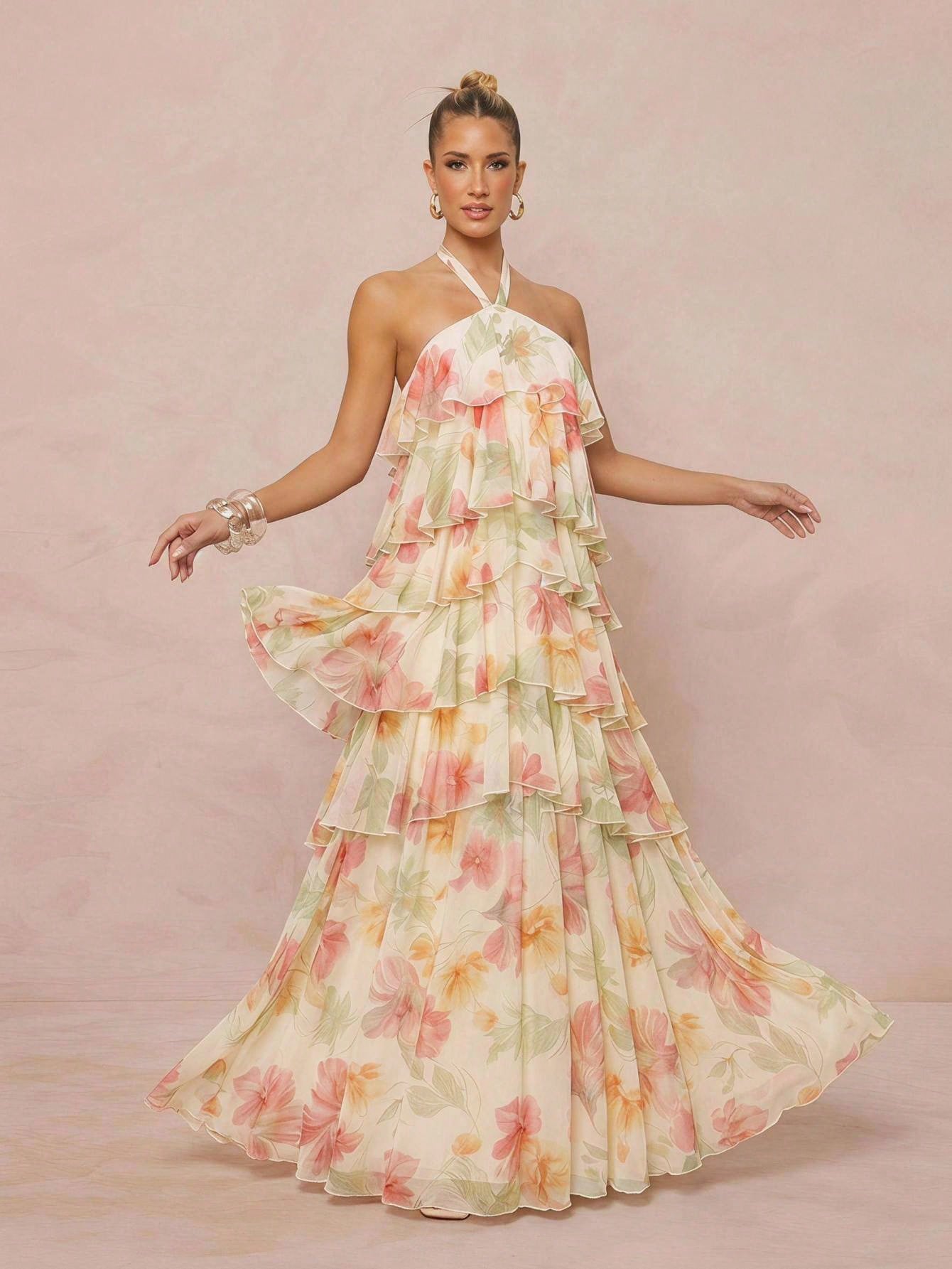 Lumalex Summer Floral Print Strapless Spaghetti Strap Multi-Layer