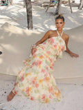 Lumalex Summer Floral Print Strapless Spaghetti Strap Multi-Layer
