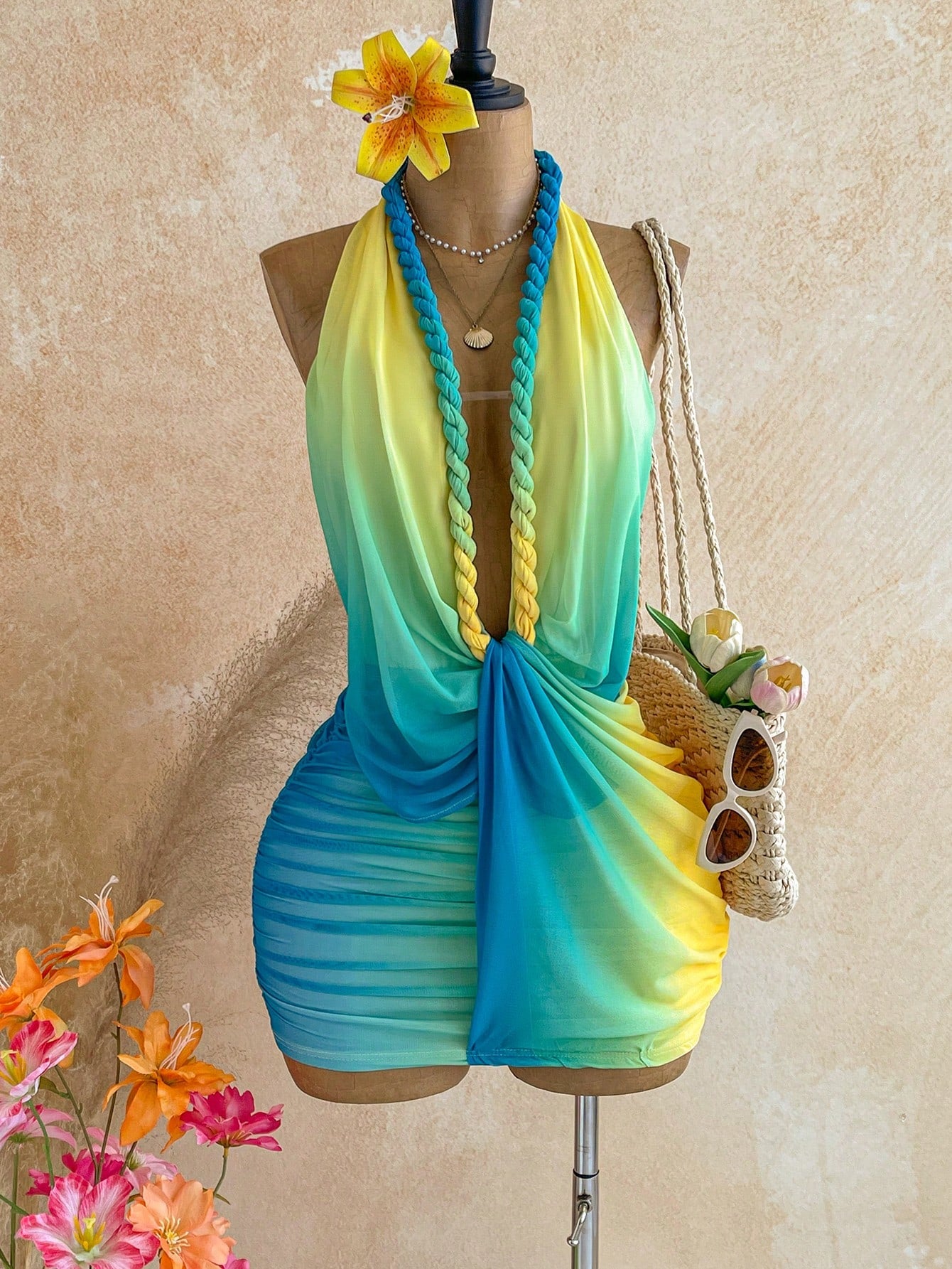 Soleia Women's Floral Print Deep V Neck Ruched Sexy Halter Mini