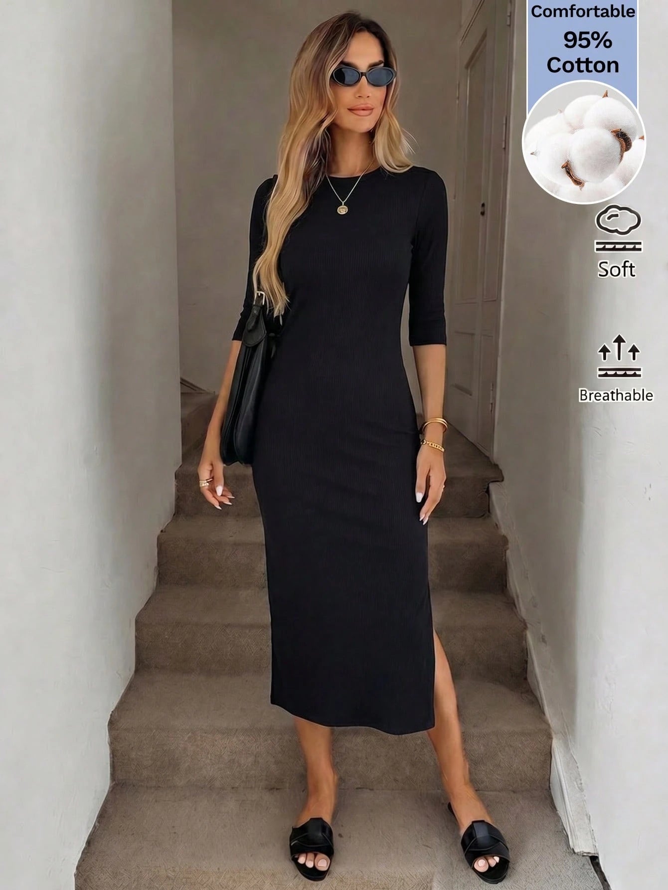 Easowa Women's Elegant Sexy Basic Casual Minimalist Solid Color Slim Fit Midi Dress Everyday Pastal Summer - image 5