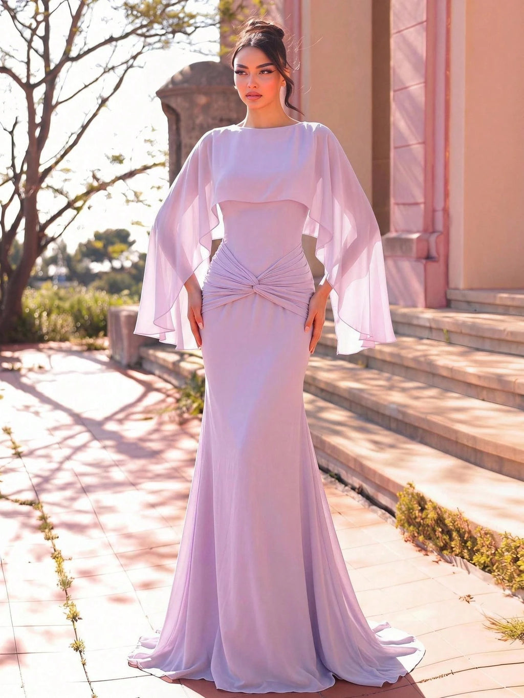 Aureia Lavender Chiffon Fabric Twist Decor Fishtail Hem Long Formal Evening Wedding Guest Party Dress Holiday - image 3