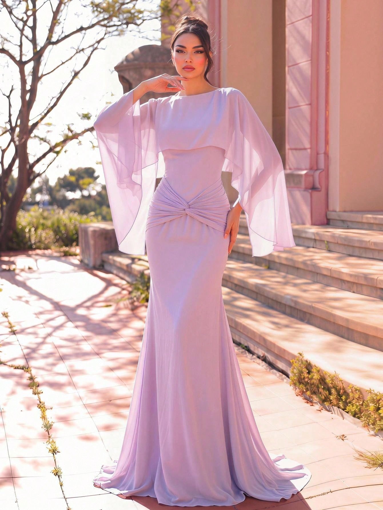 Aureia Lavender Chiffon Fabric Twist Decor Fishtail Hem Long Formal Evening Wedding Guest Party Dress Holiday - image 6