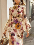 Women High Neck Watercolor Floral Maxi Dress, Elastic Cuff Loose A