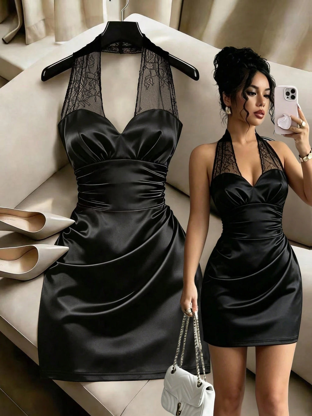 Elenzga Women's Black Lace Halter Neck Mini Dress, Satin Glossy
