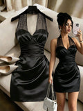 Elenzga Women's Black Lace Halter Neck Mini Dress, Satin Glossy