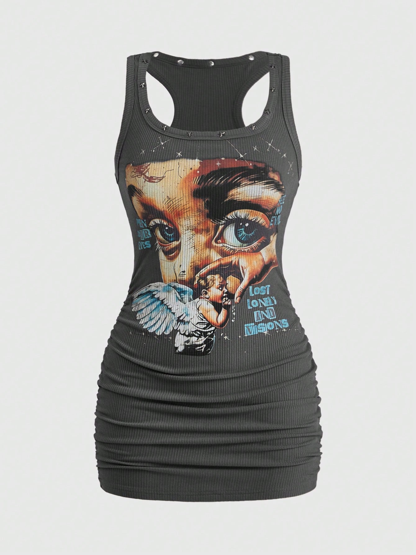 Street Life Women's Retro Baddie Unisex Streetwear Angel Face Print Pentagram Studded Bodycon Mini Dress - image 13