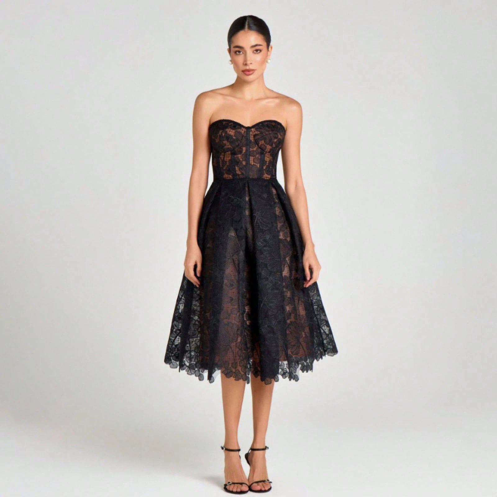 Women's Strapless Lace Corset Midi Dress, Elegant Sweetheart Neckline
