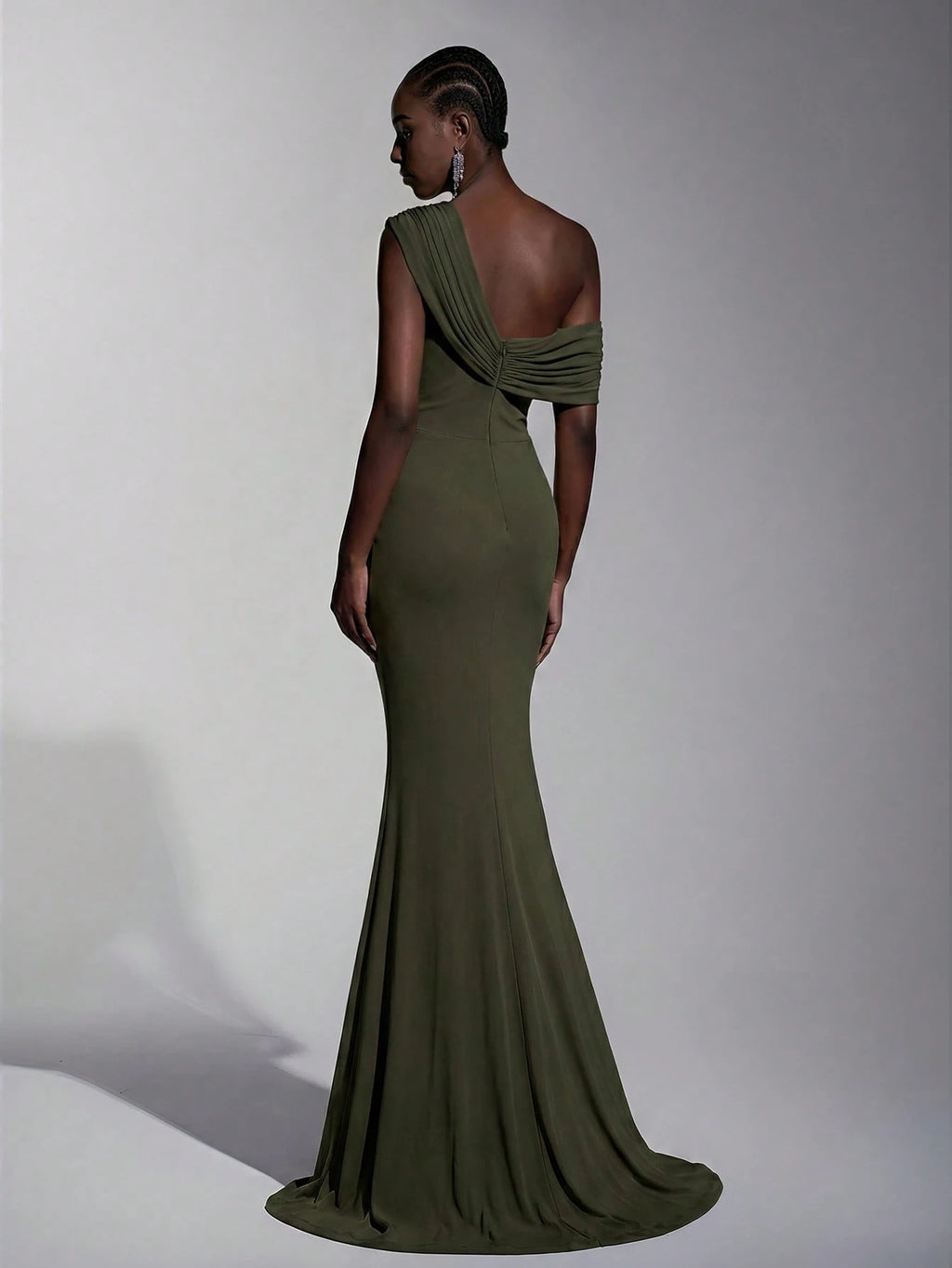 Elitara 2025 New Elegant Navy Blue Mesh One-Shoulder Ruched Decor Fitted Maxi Dress, Suitable For Weddings, - image 2