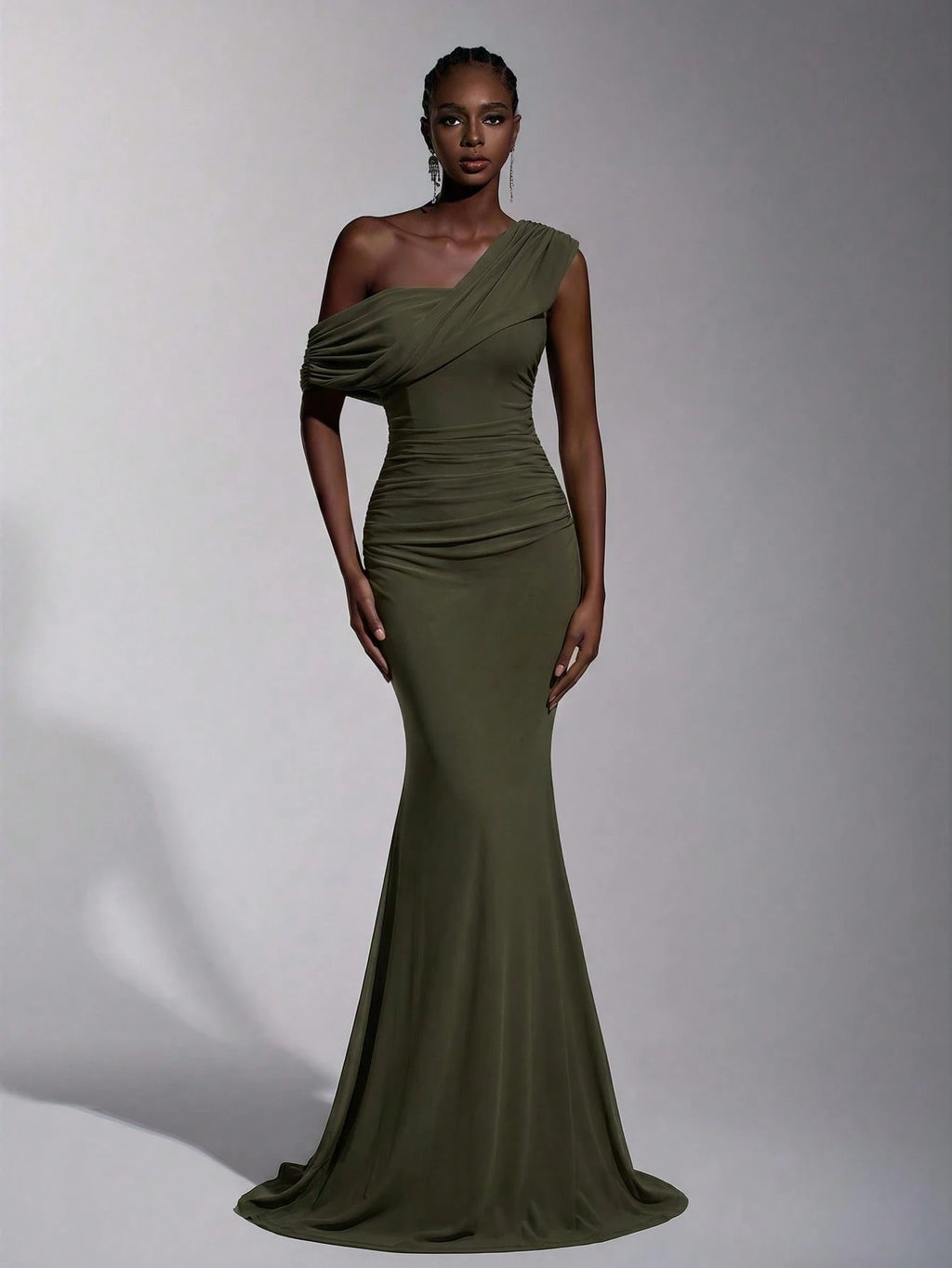 Elitara 2025 New Elegant Navy Blue Mesh One-Shoulder Ruched Decor Fitted Maxi Dress, Suitable For Weddings, - image 3
