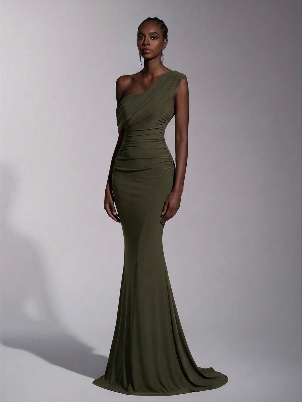 Elitara 2025 New Elegant Navy Blue Mesh One-Shoulder Ruched Decor Fitted Maxi Dress, Suitable For Weddings, - image 6